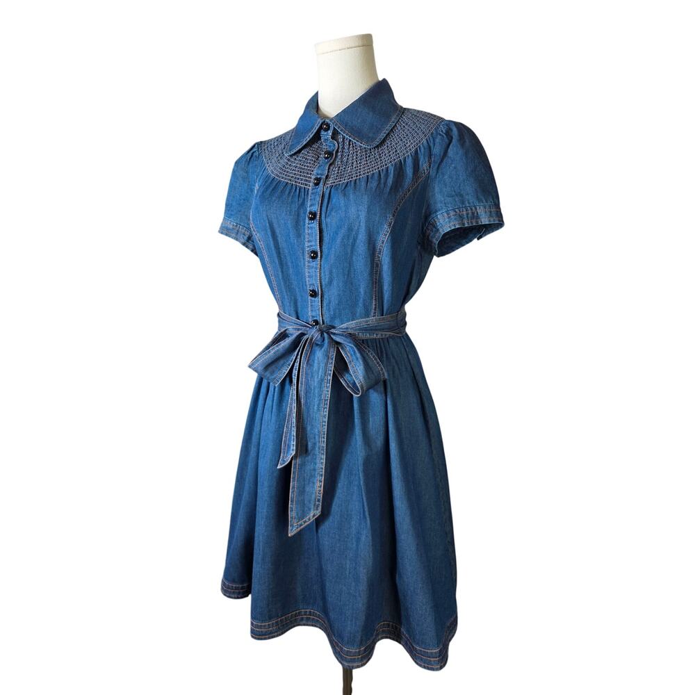 KENSIE Short-Sleeve Button-Front Denim Smocked Waist-Tie Dress